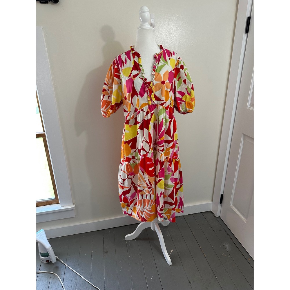 London Times Women 16 Red Floral Tiered Midi Dress Puff Sleeve High Low Ruffle